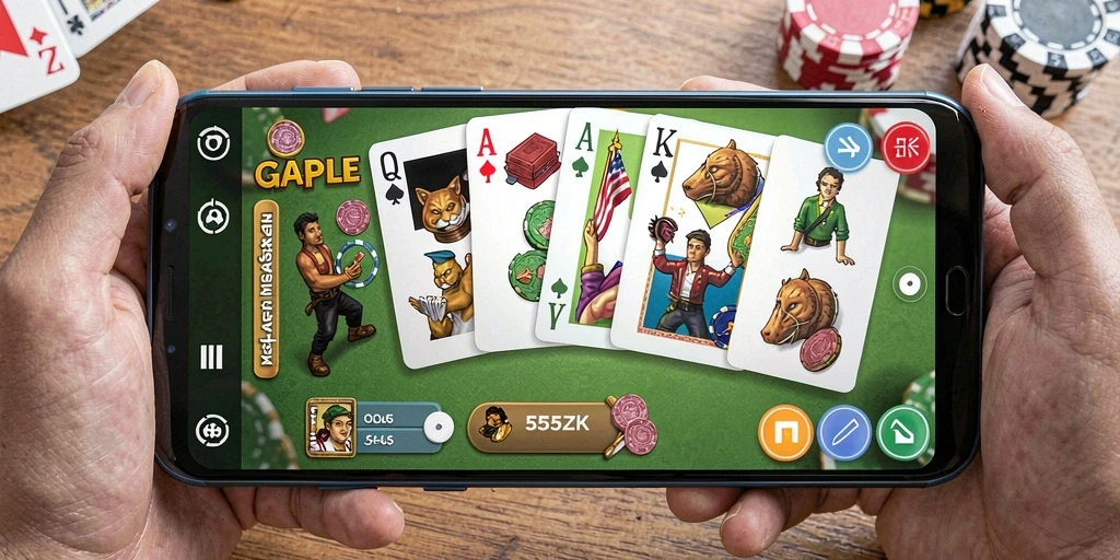Tampilan gameplay seru dari 555ZK yang menampilkan momen-momen menegangkan di Gaple.