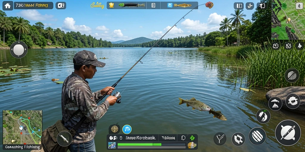 Gameplay 73K yang seru dan menantang saat memancing.
