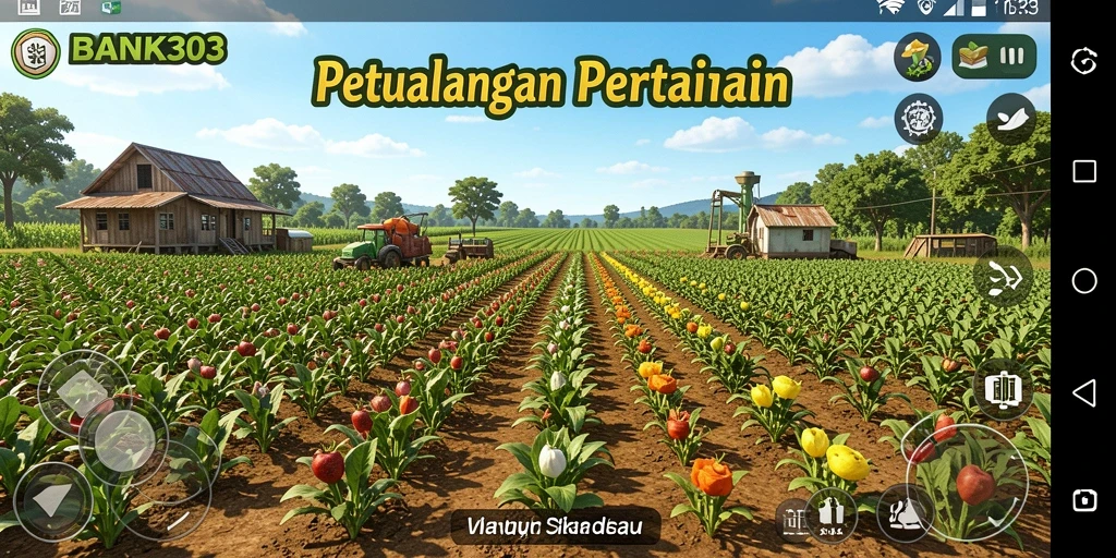 Tampilan gameplay menakjubkan dengan ladang yang subur dan hewan-hewan yang berinteraksi.