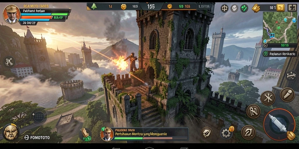 Gameplay seru dalam FOMOTOTO menara pertahanan melawan musuh.