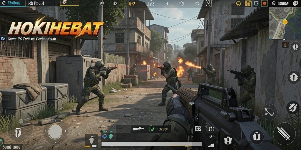 Screenshot HOKIHEBAT menampilkan pemain dalam aksi menembak yang intens.