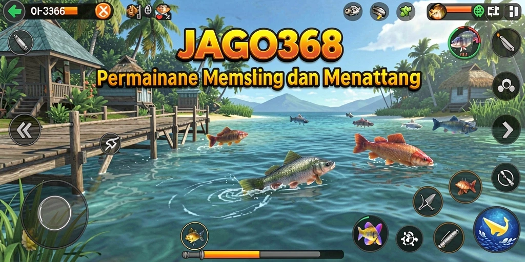Tampilan gameplay JAGO368 menunjukkan aksi memancing yang seru dan penuh warna.