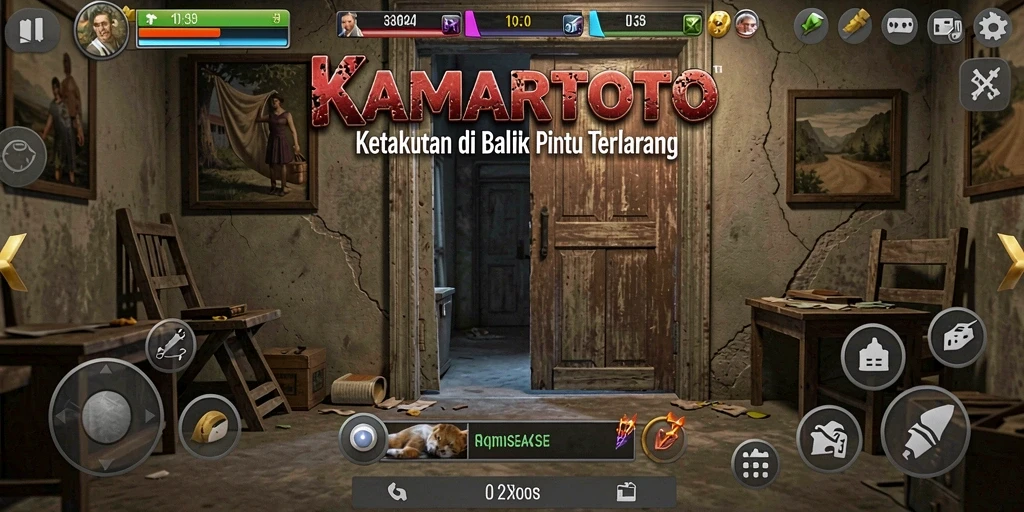 Screenshot gameplay KAMARTOTO menampilkan ketegangan saat menjelajahi ruangan angker.