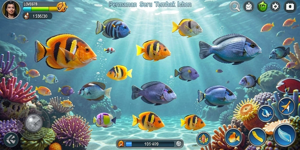 Tampilan gameplay LOVE678 menampilkan aksi seru menembak ikan di bawah laut.