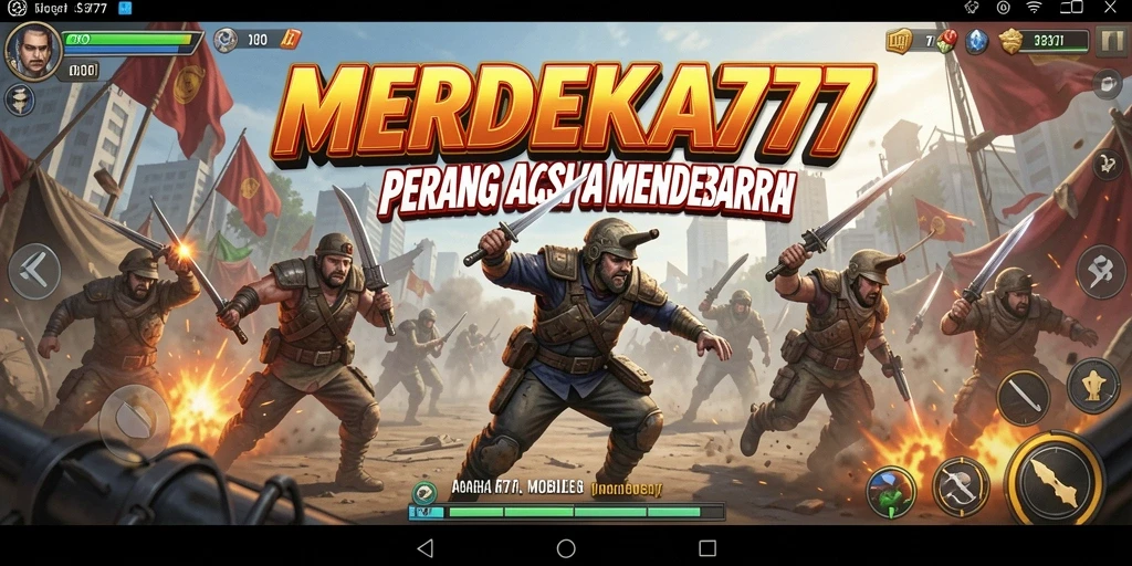 Tampilan menegangkan gameplay <strong>MERDEKA777</strong> saat bertarung di medan perang.