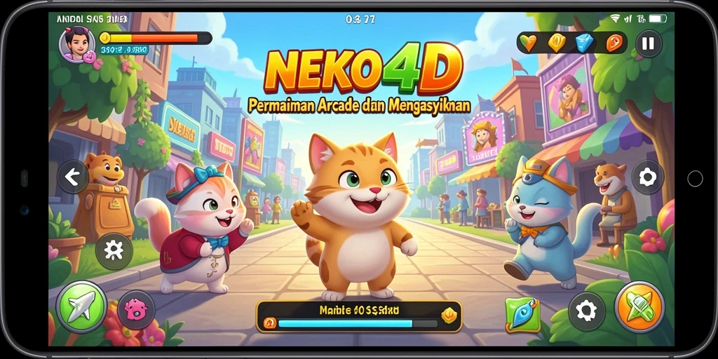 Tampilan gameplay NEKO4D dengan karakter kucing lucu dan grafis cerah.