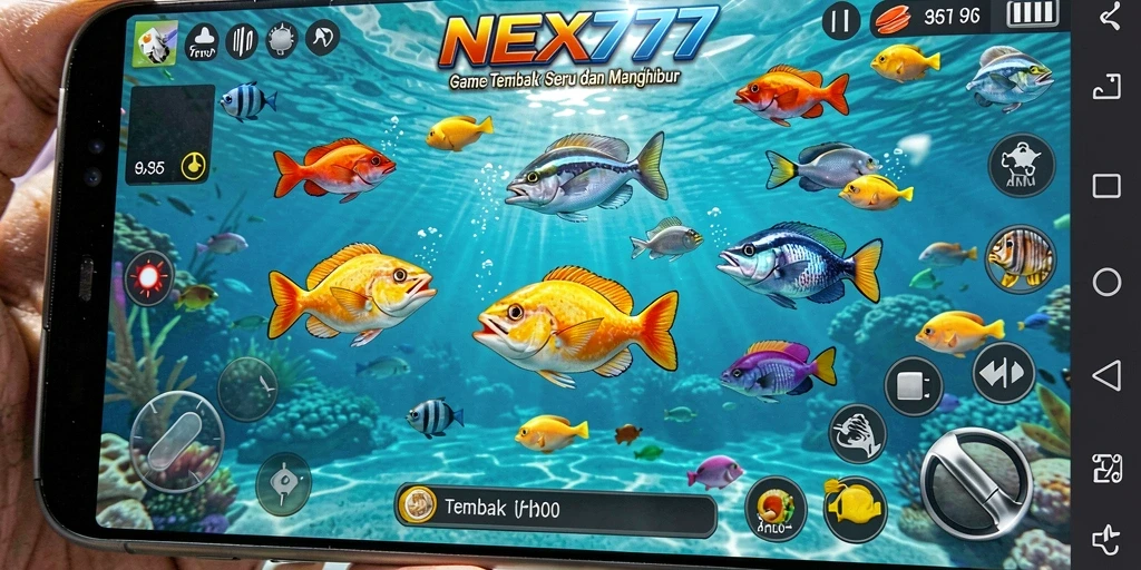 Tampilan gameplay seru dari NEX777, menembak ikan dengan berbagai senjata.