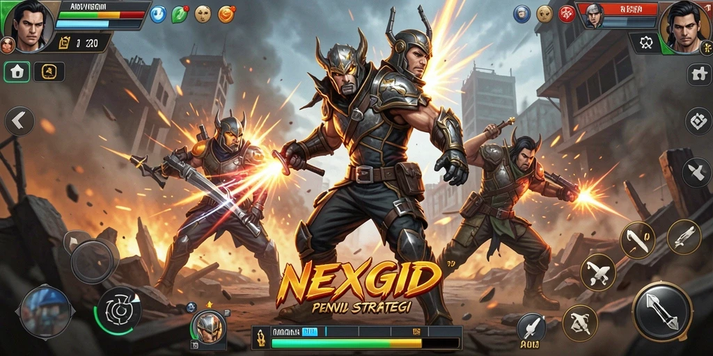 Tangkapan layar <strong>NEXGID</strong> menampilkan karakter yang sedang bertarung dengan latar belakang arena yang menegangkan.