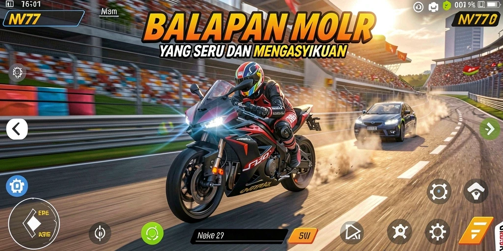 Screenshot utama NV77 menampilkan aksi balapan motor yang mendebarkan.