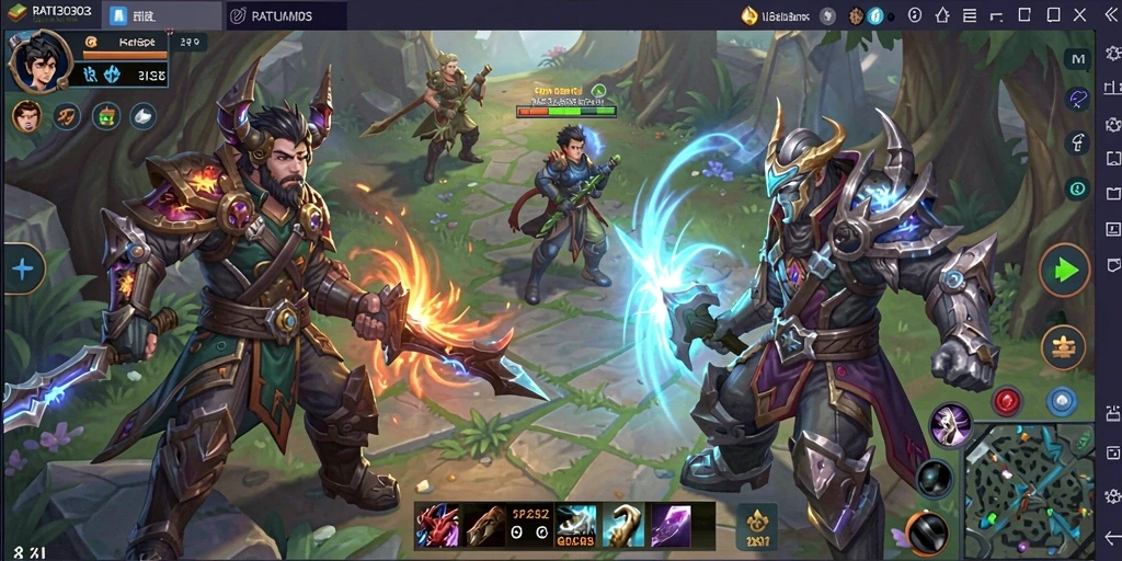 Screenshot utama RATU303 menampilkan pertarungan seru antara dua tim MOBA.