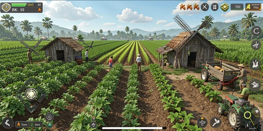 Screenshot gameplay RK55 yang menunjukkan aktivitas bertani yang seru.